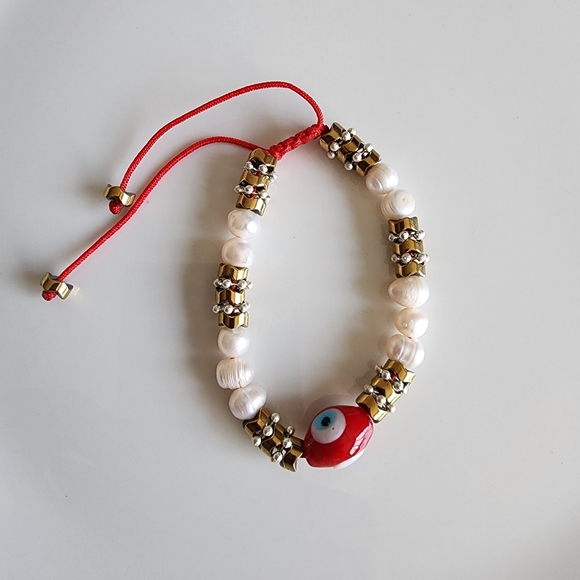 Evil Eye Beaded Bracelet with Pearls and Red Cord - Picture 2 of 4